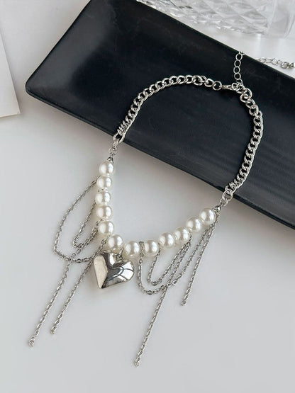 Silver-Plated Pearls Beaded Tasselled Statement Necklace
