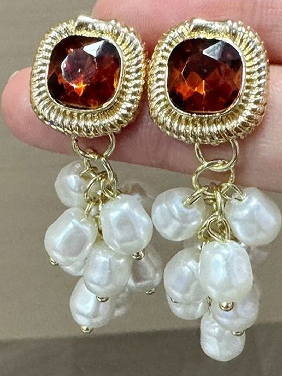 Gold-Plated Artificial Studded and Beaded Drop Earrings