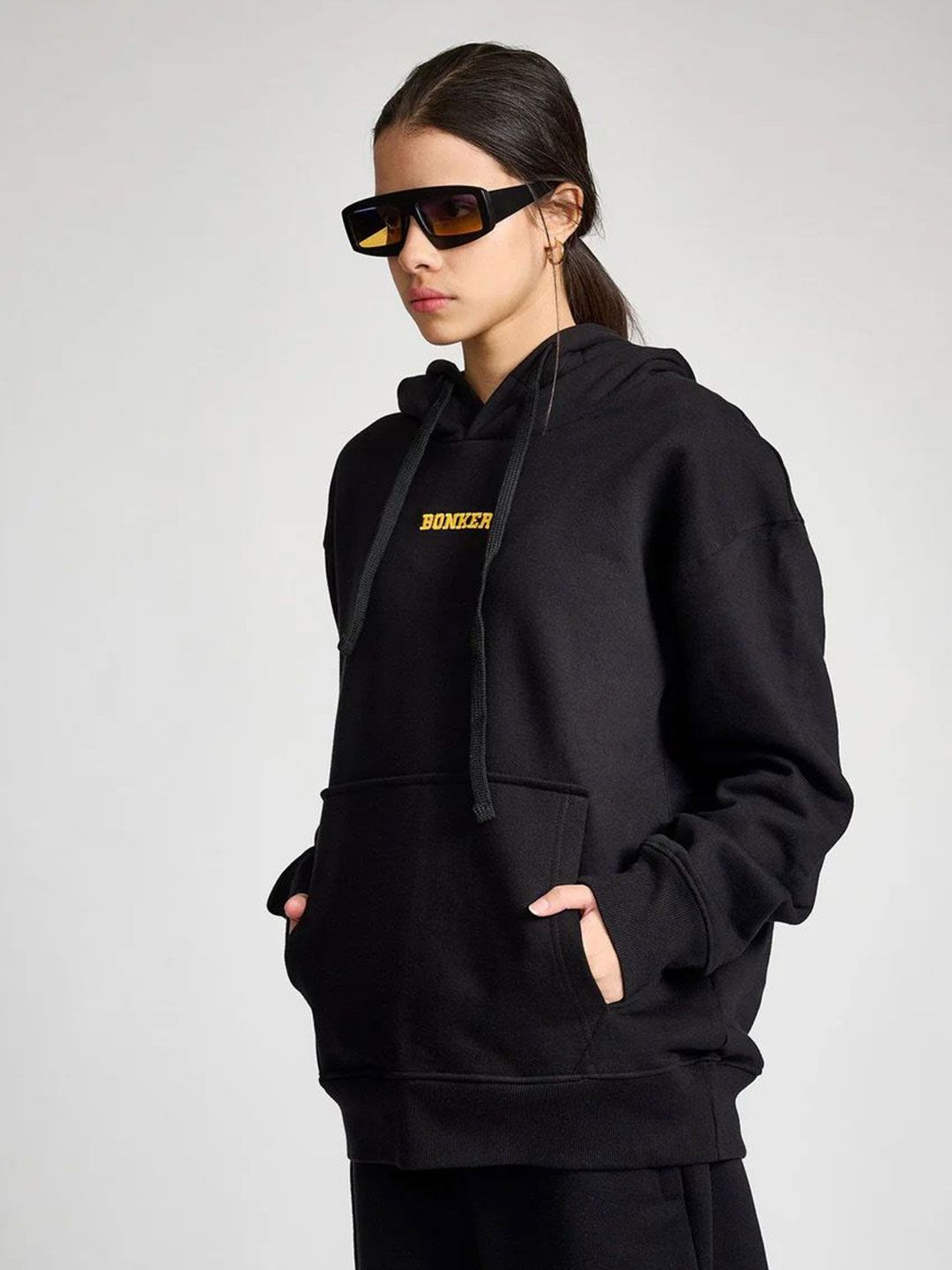Women Black Signature Oversized Heavyweight Hoodie Fleece