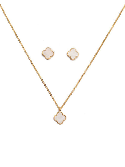 SALTY Gold-Plated Stone-Studded Pure Clover Necklace and Earrings