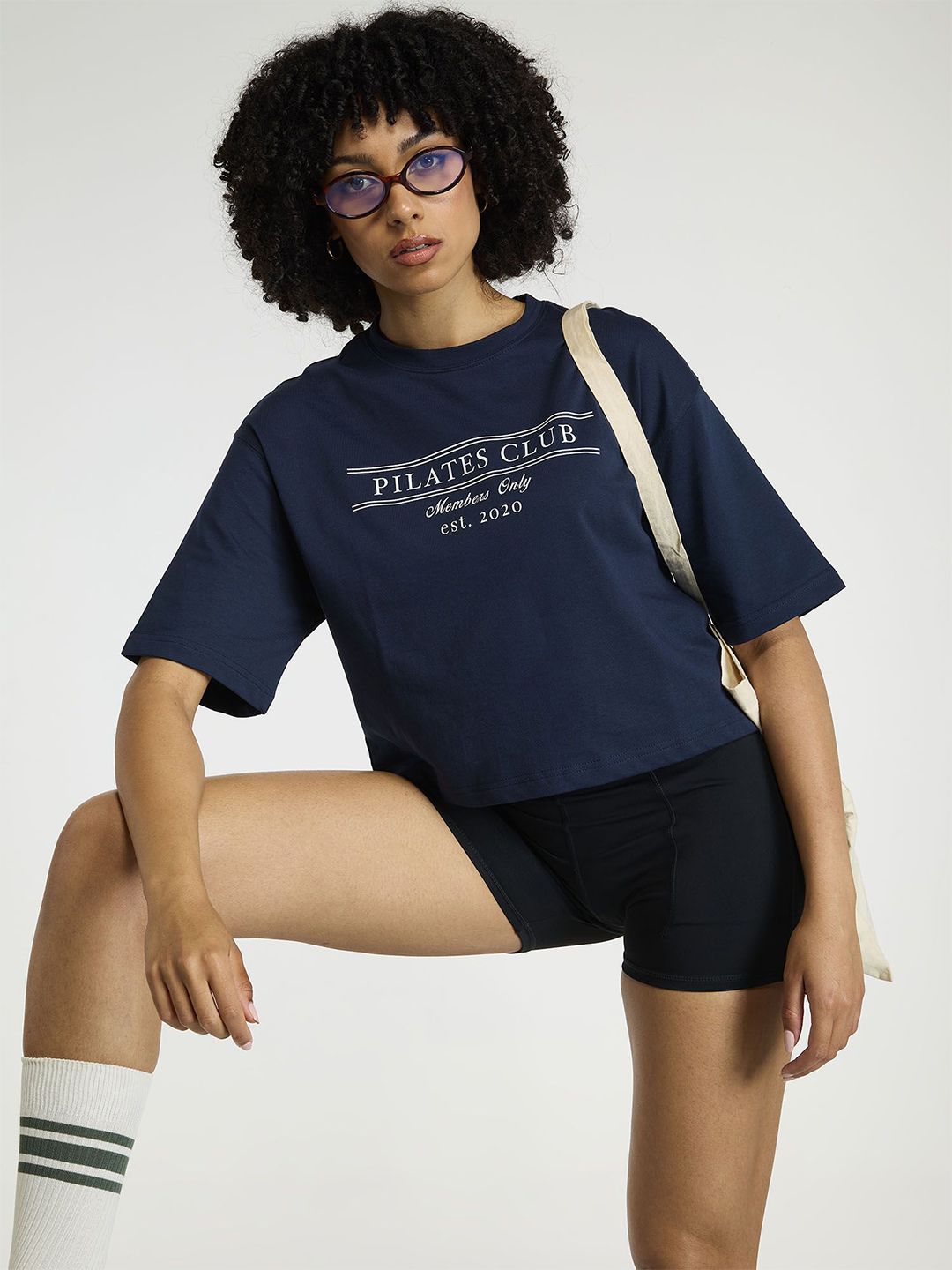 Women Navy Pilates Core Cropped Cotton Boxy Tee