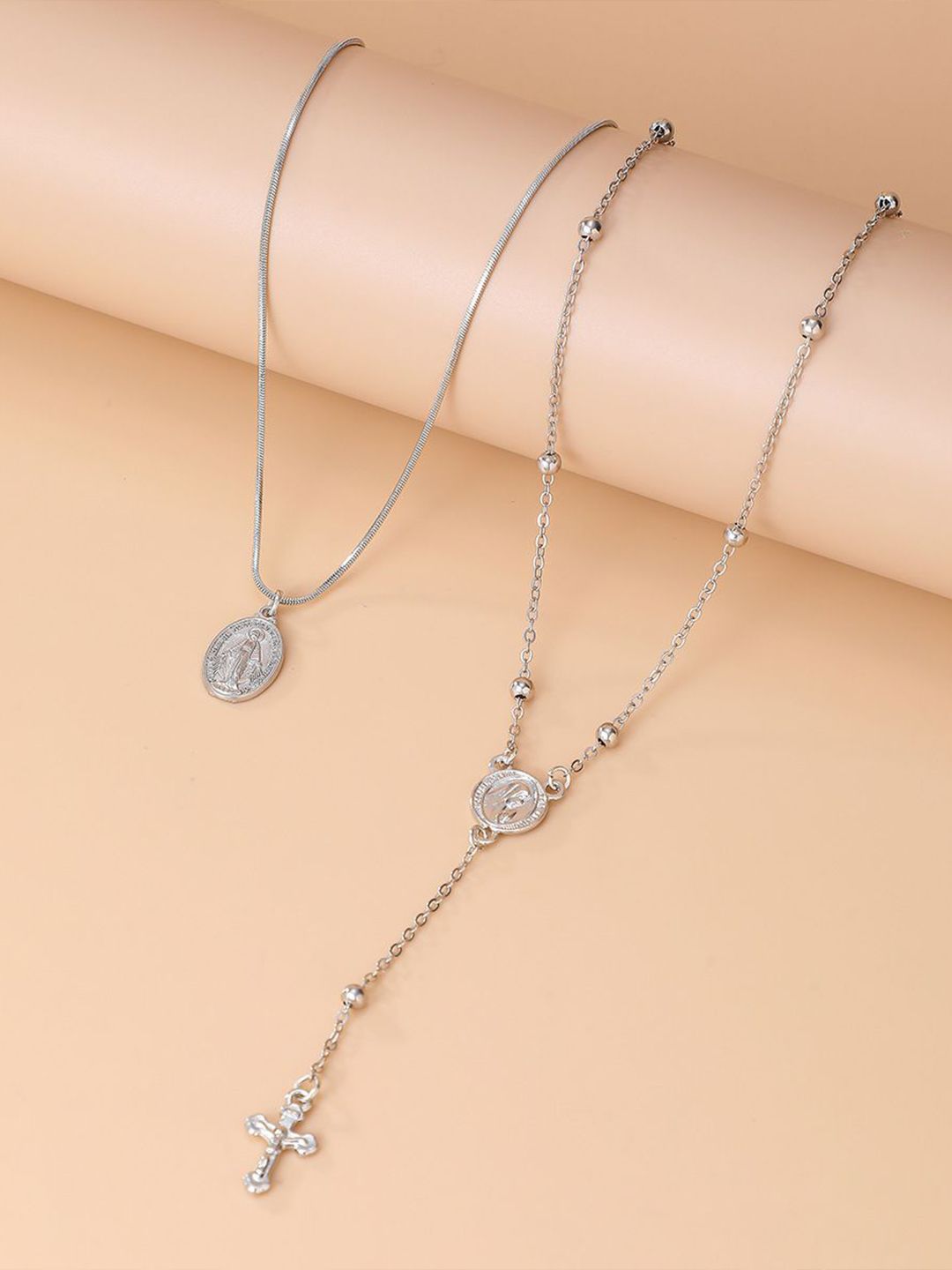 Set Of 2 Silver-Plated Artificial Beaded Minimal Chains