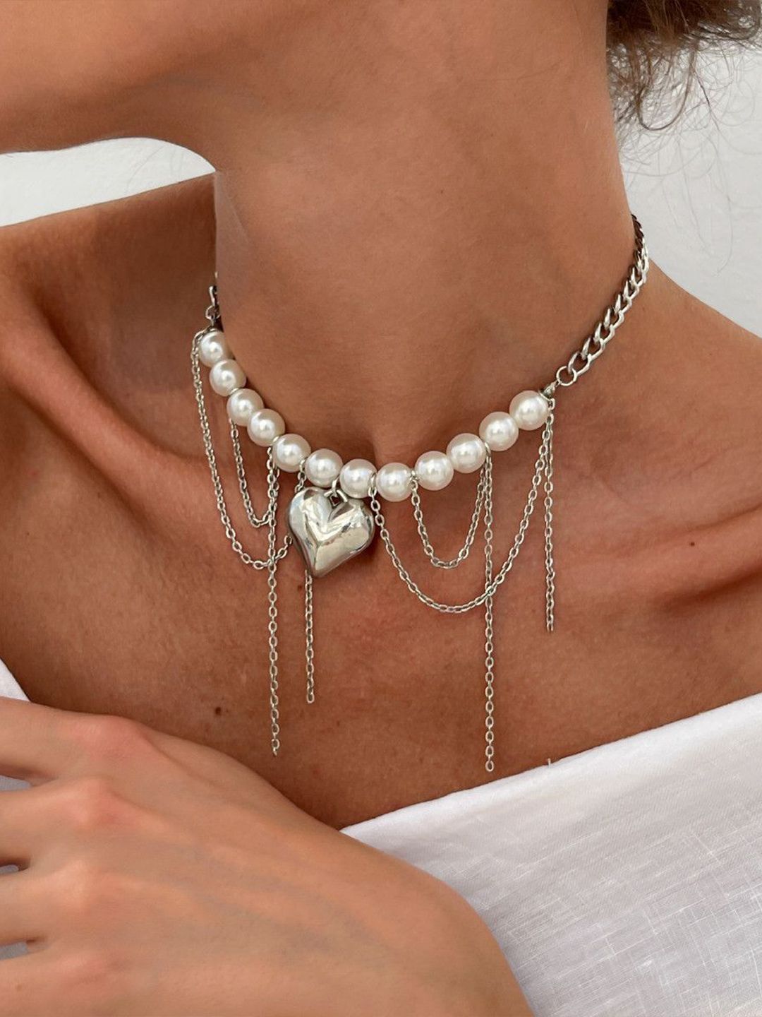 Silver-Plated Pearls Beaded Tasselled Statement Necklace