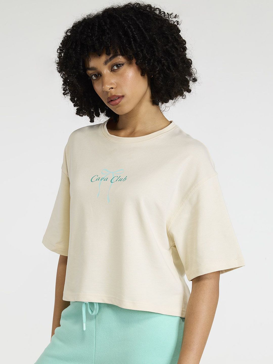 Women Cream Pilates Core Cropped Cotton Boxy Tee