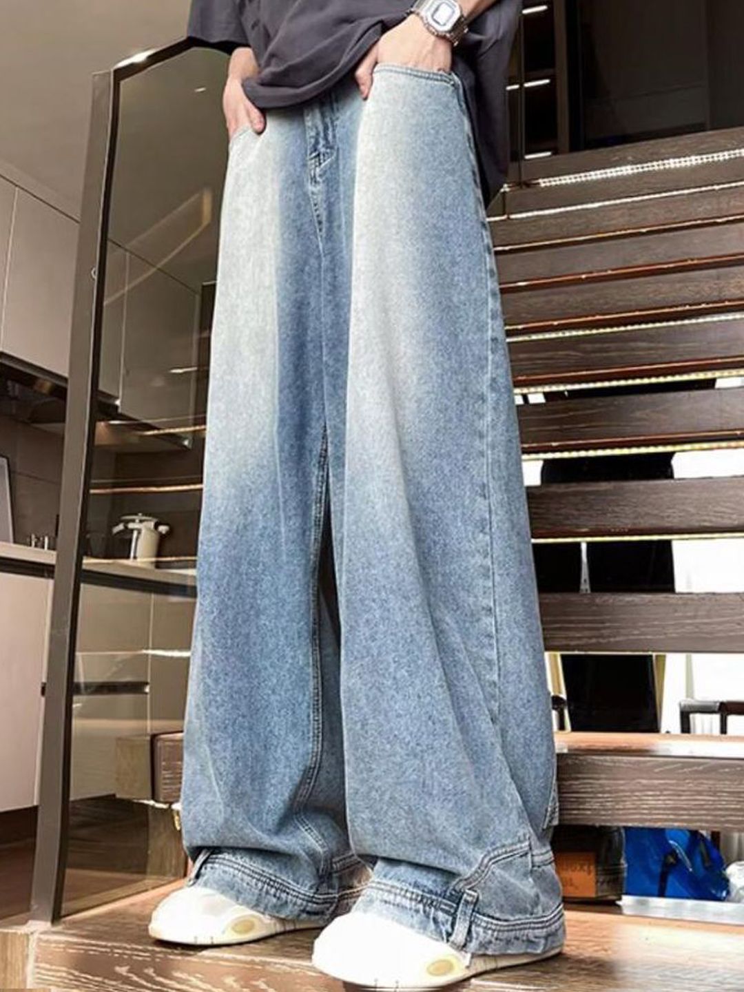 Men Wide Leg Light Fade Jeans