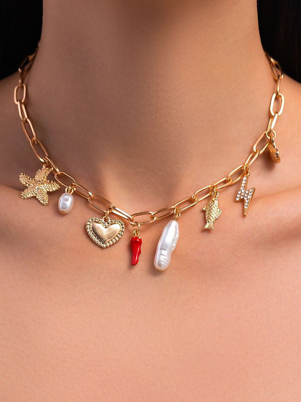Gold-Plated Artificial Stones Studded & Beaded Statement Link Chain