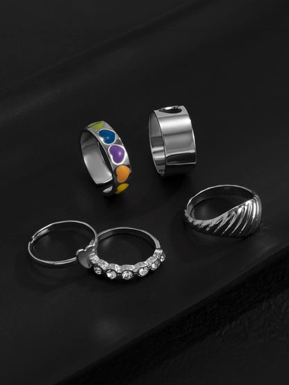 Men Set Of 5 Silver-Plated Stone-Studded Finger Ring