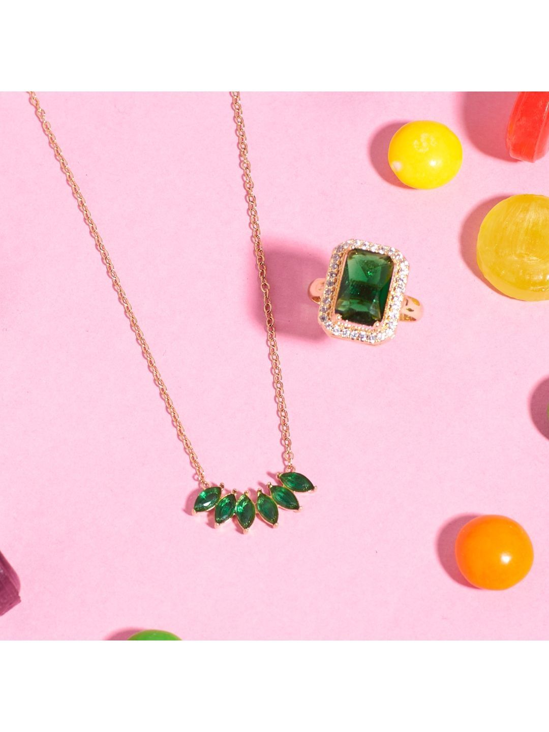 SALTY Emerald Stone Studded Julia Roberts Ring & Necklace