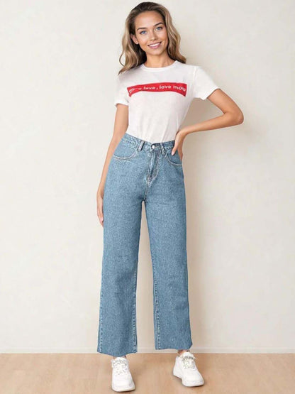 Women Straight Fit High-Rise Clean Look Stretchable Cotton Jeans