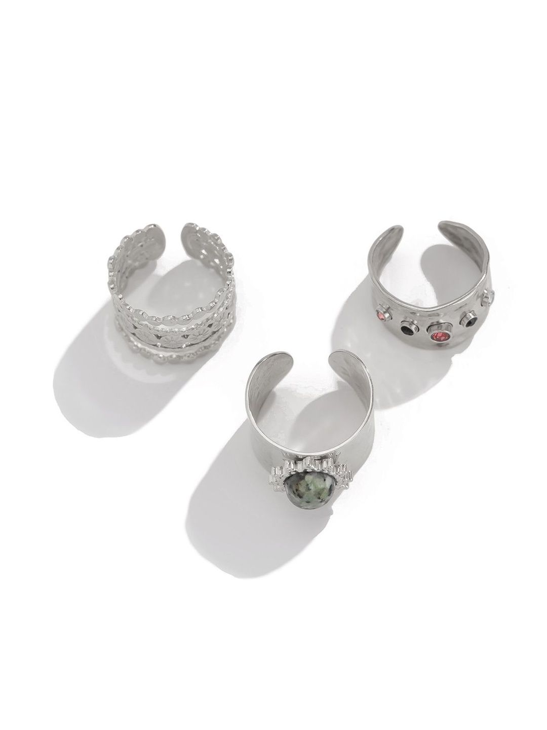 Set of 3 Silver-Plated Stone-Studded Finger Ring