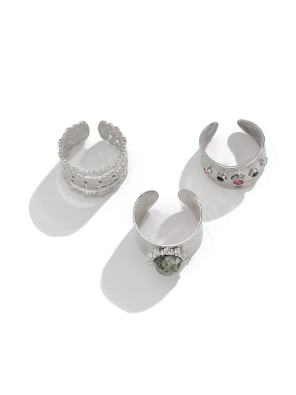 Set of 3 Silver-Plated Stone-Studded Finger Ring