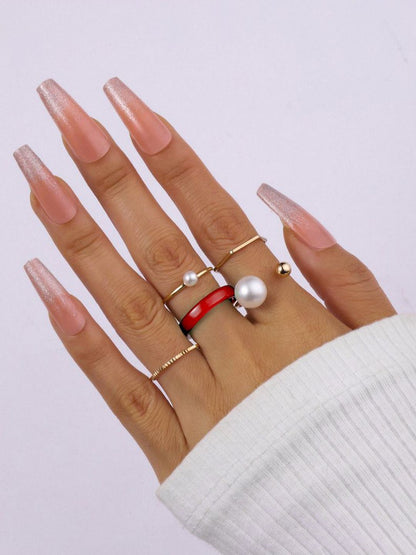 SALTY Set Of 5 Cherry Pearl Stylish Adjustable Finger Rings