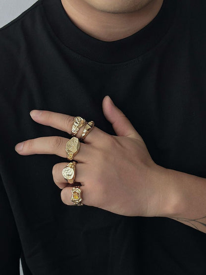 Men Pack of 5 Gold-Plated Stone Studded Finger Rings