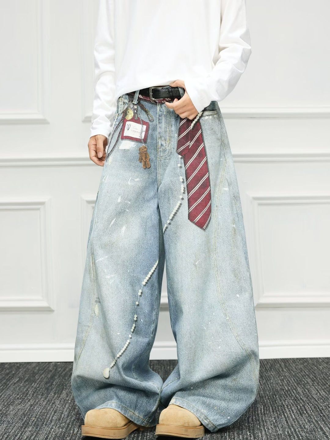 Men Wide Leg Mid-Rise Light Fade Printed Jeans