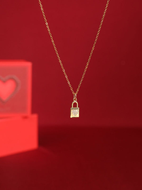 SALTY Stone Studded Stainless Steel Love Lock Charm Pendant & Chain Jewellery Accessories