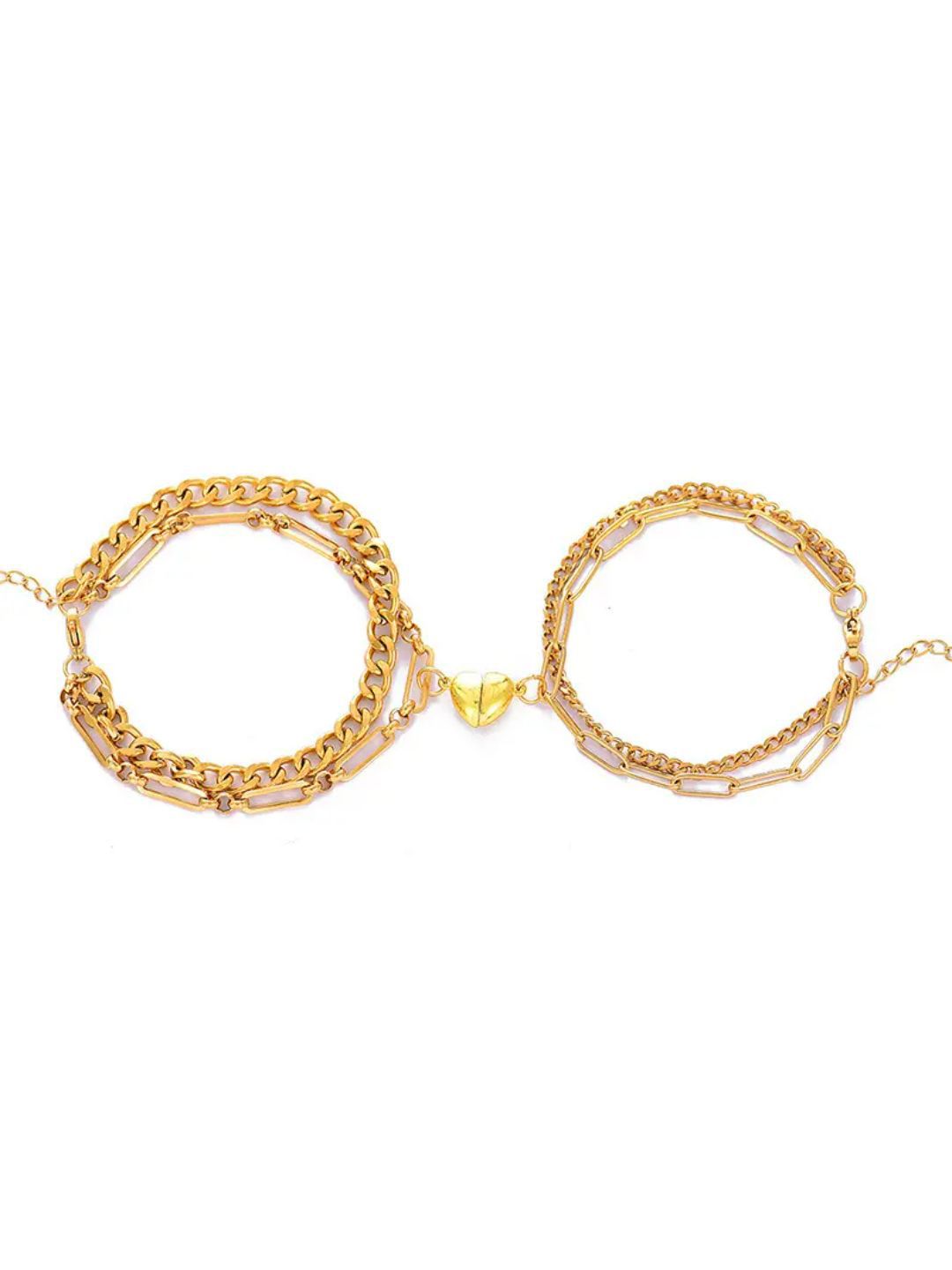SALTY Women Set of 2 Stainless Steel Couple Love Lock Heart Link Bracelets