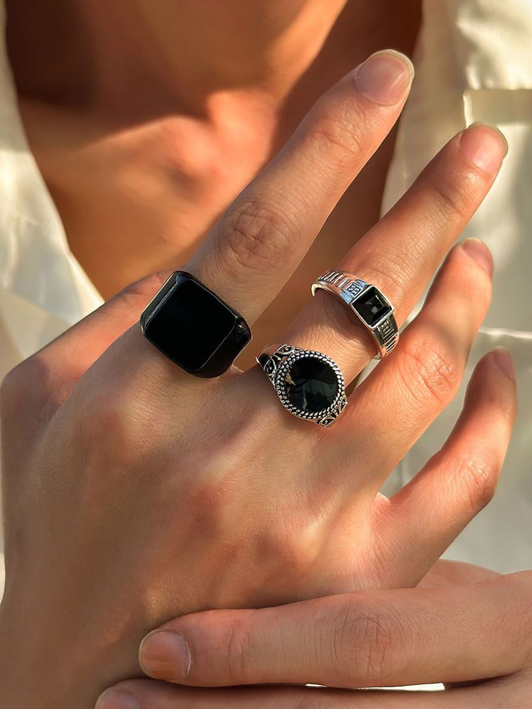 Set Of 3 Silver-Plated  Adjustable Finger Ring