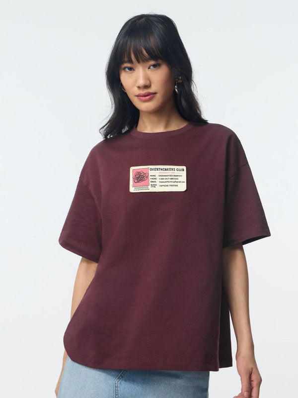 Women Oversized Fit Printed Maroon T-Shirts
