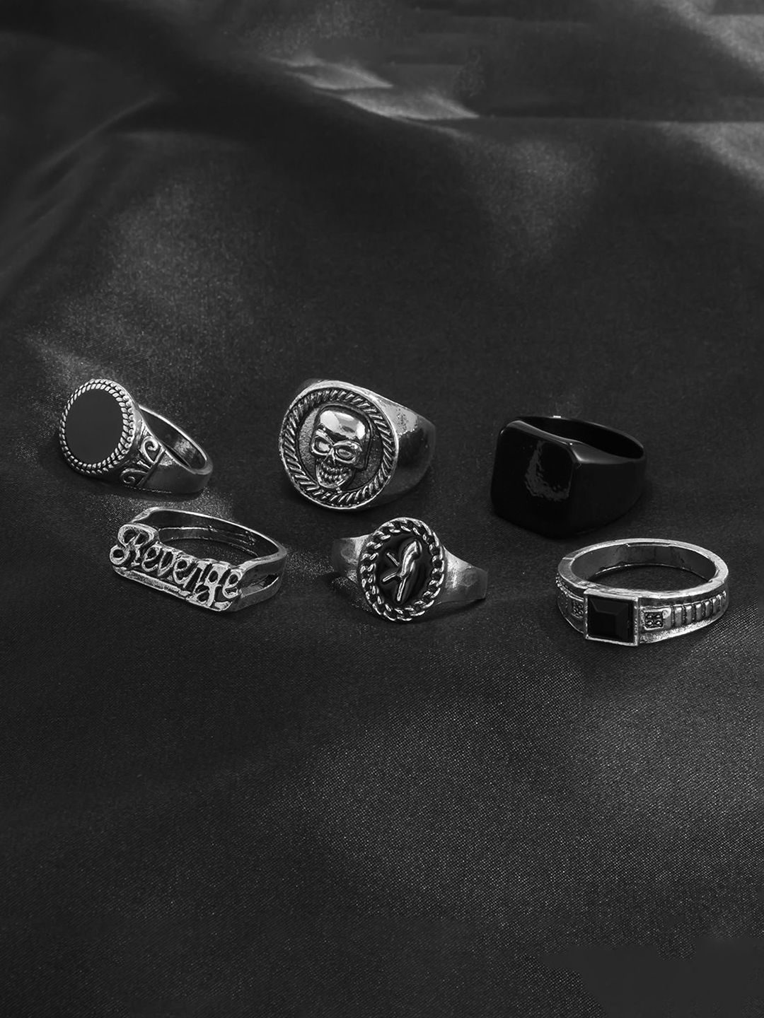 Men Set Of 6 Silver-Plated Stones-Studded Finger Rings