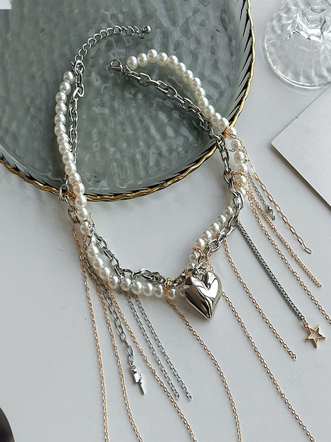 Silver-Plated Pearls Beaded Tasselled Statement Necklace