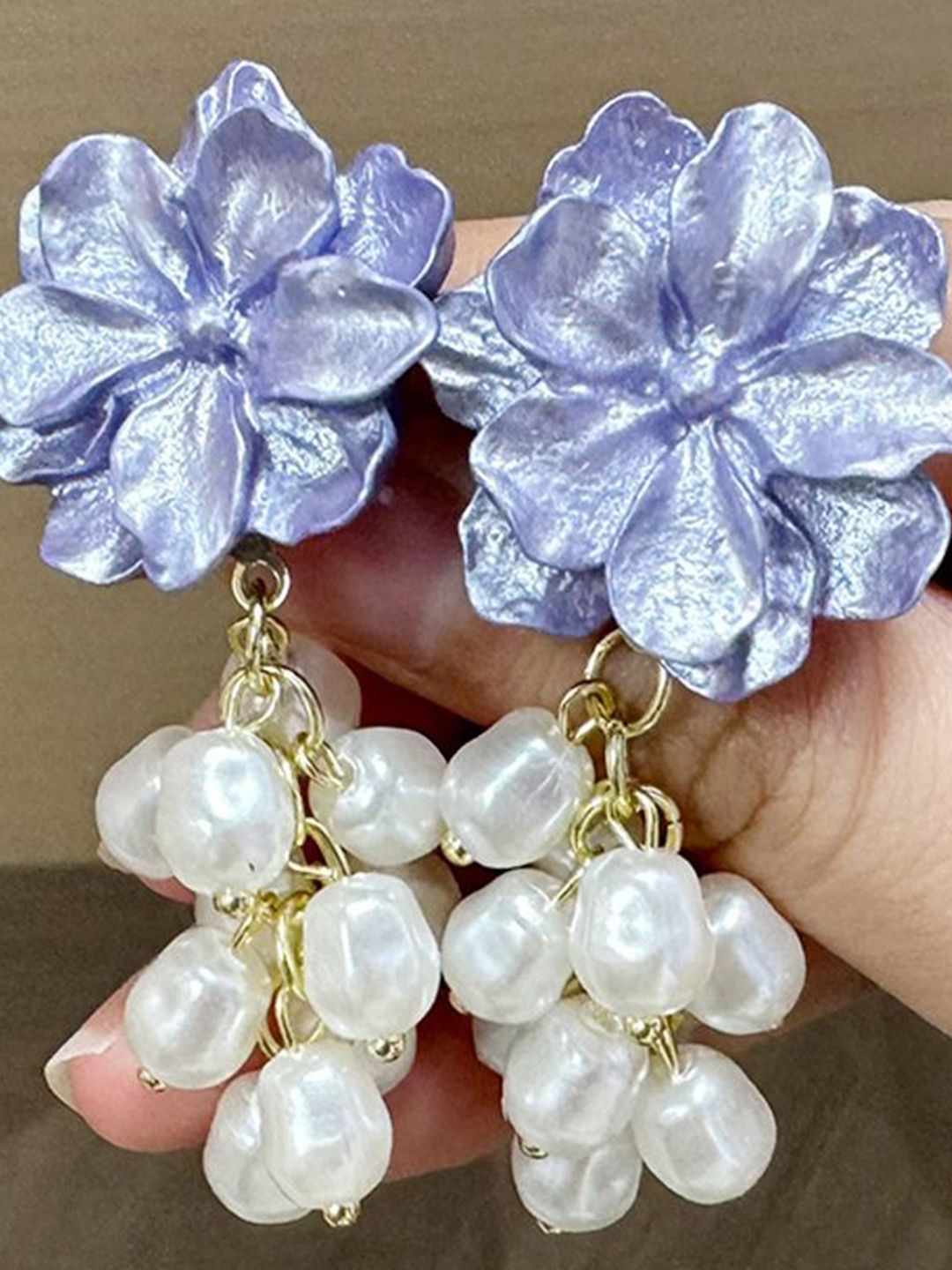 Floral Shaped Pearls Studded Chunky Drop Earrings