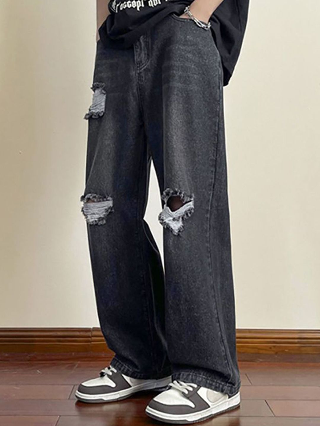 Men Wide Leg Slash Knee Light Fade Jeans