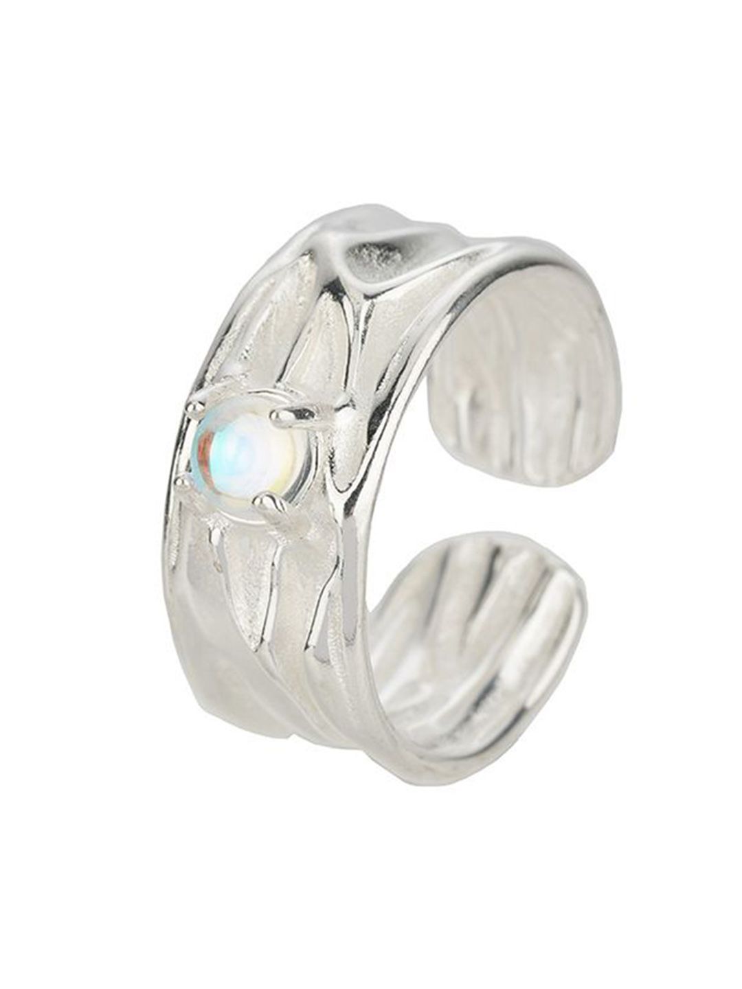 Men Silver-Plated Stone-Studded Textured Adjustable Finger Ring