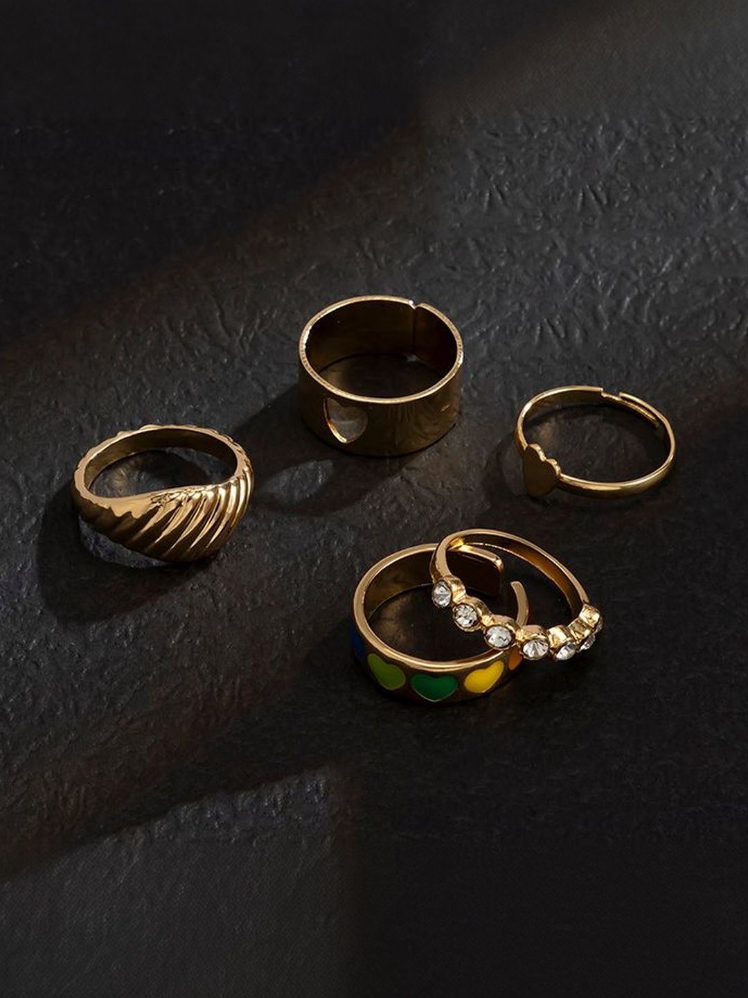 Men Set Of 5 Gold-Plated Stone-Studded Finger Ring