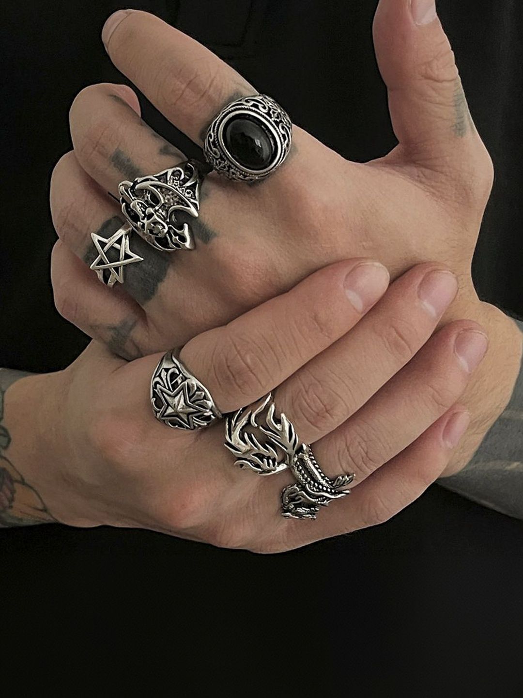 Men Set Of 6 Silver-Plated Finger Ring