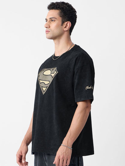Men Oversized Fit Superman Printed Black T-Shirts