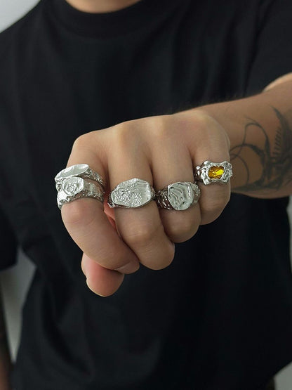 Men Set Of 5 Silver-Plated Stones-Studded Adjustable Finger Rings