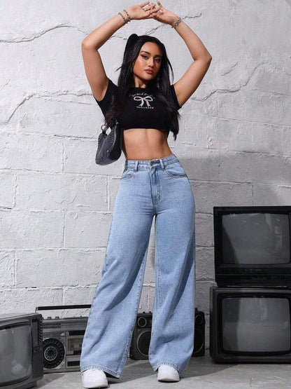 Women Classic Wide Leg High-Rise Light Fade Stretchable Jeans