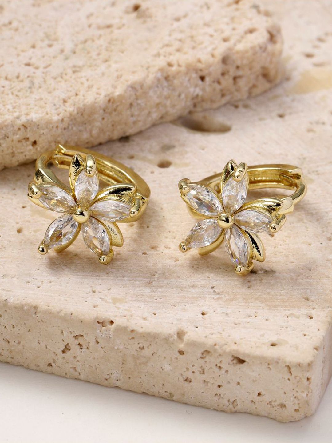 SALTY Gold-Plated Floral Shaped Artificial Stone Studded Studs Earrings