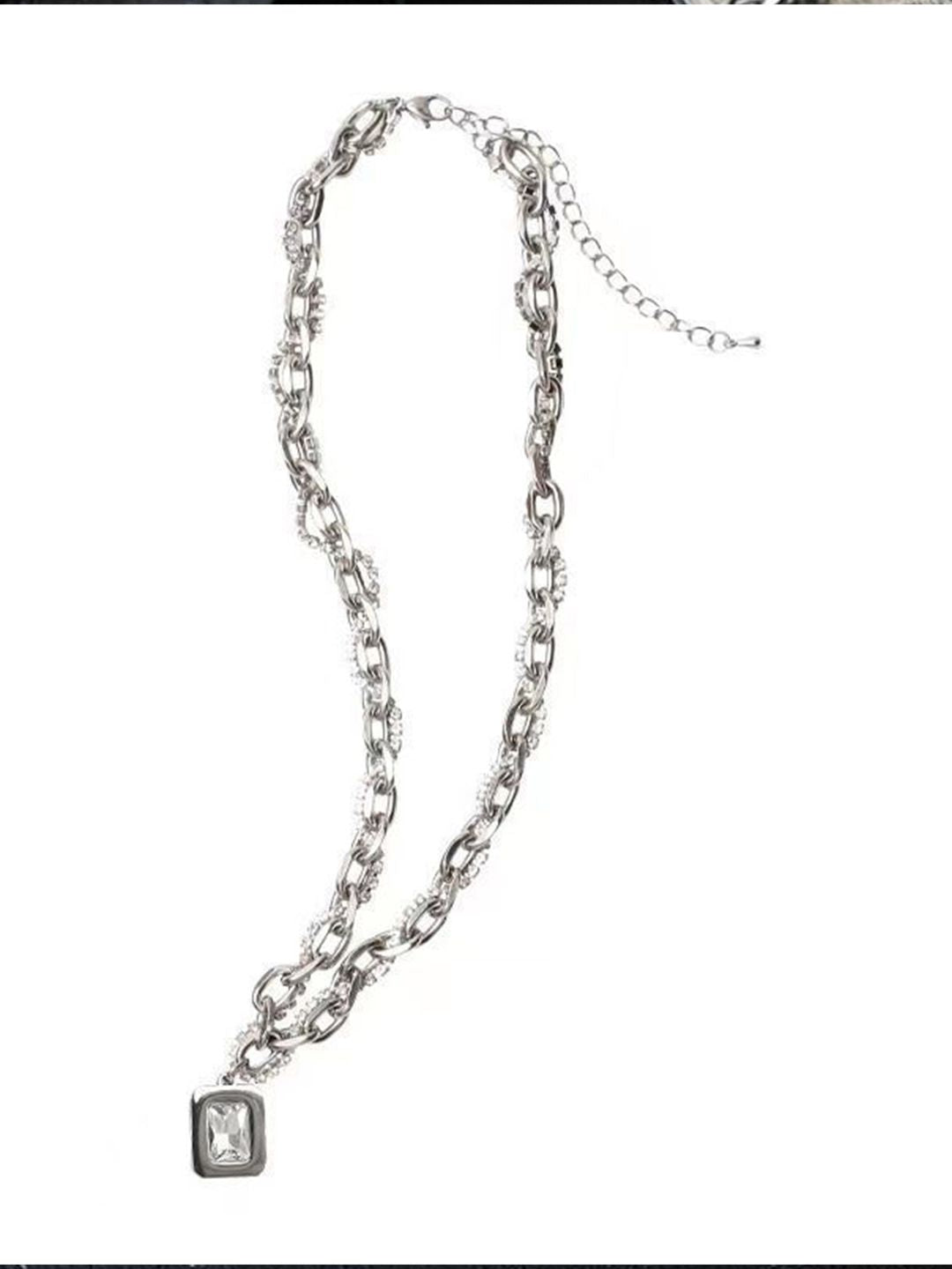 Silver-Plated Artificial Stone Studded Stainless Steel Statement Chain