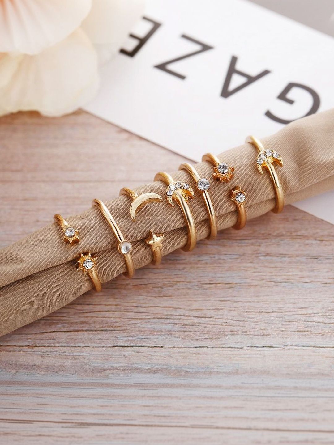 Set of 10 Gold-Plated Stone & Pearls-Studded Finger Rings