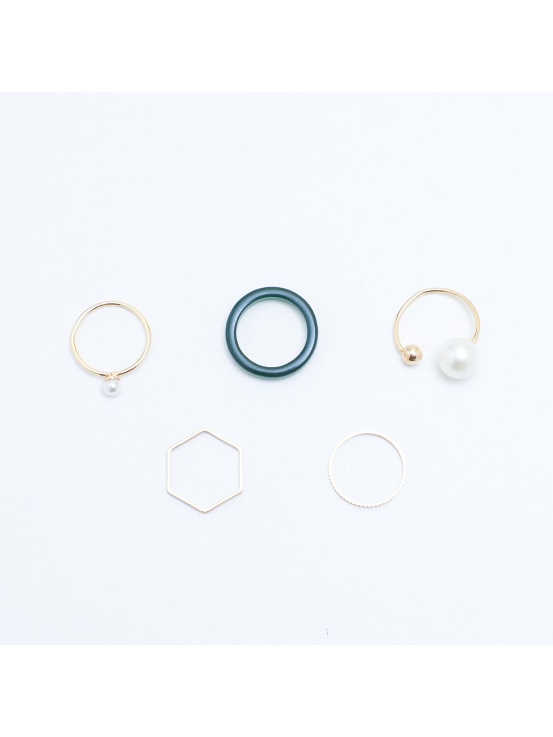SALTY Set Of 5 Emerald Pearl Stylish Adjustable Finger Ring