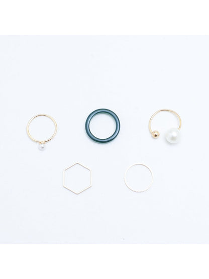 SALTY Set Of 5 Emerald Pearl Stylish Adjustable Finger Ring