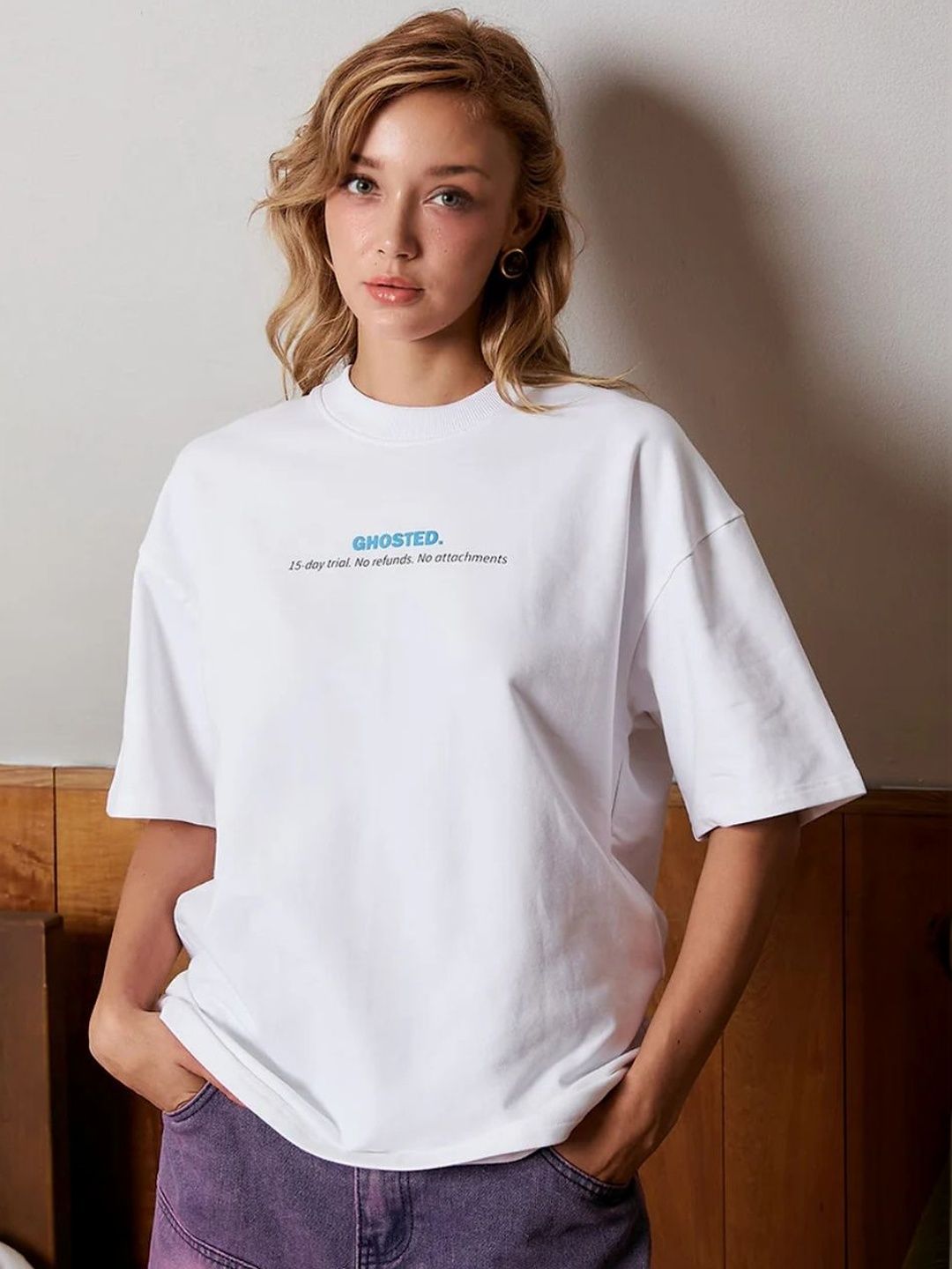 Women Printed Drop-Shoulder Sleeves Pockets T-shirt