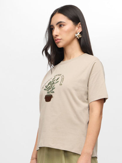 Women Relaxed Fit Printed Beige T-Shirts