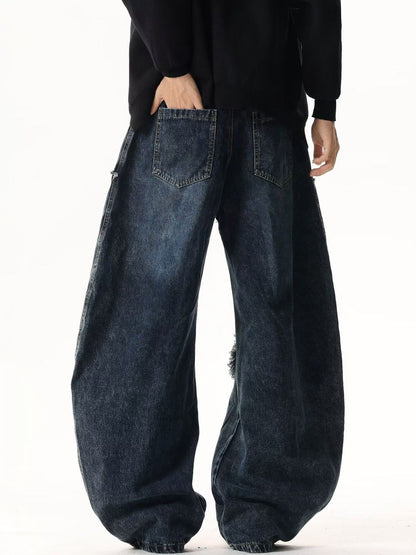 Men Wide Leg Mid-Rise Light Fade Applique Jeans
