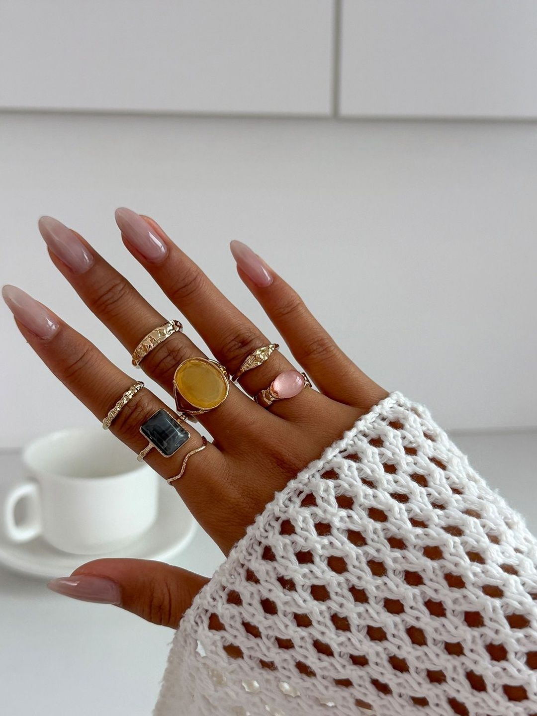 Set of 7 Gold-Plated Stone-Studded Finger Rings