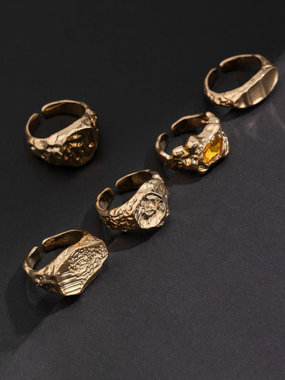 Men Pack of 5 Gold-Plated Stone Studded Finger Rings