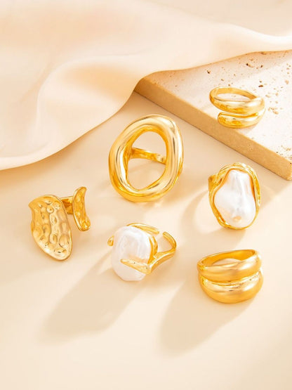 Set Of 6 Gold-Plated Beaded Adjustable Finger Rings