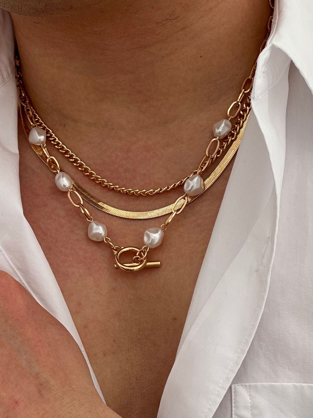 SEt Of 3 Gold-Plated Artificial Baeded MInimal Necklace