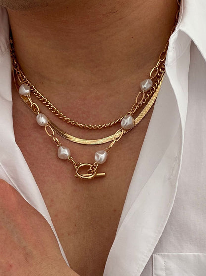SEt Of 3 Gold-Plated Artificial Baeded MInimal Necklace