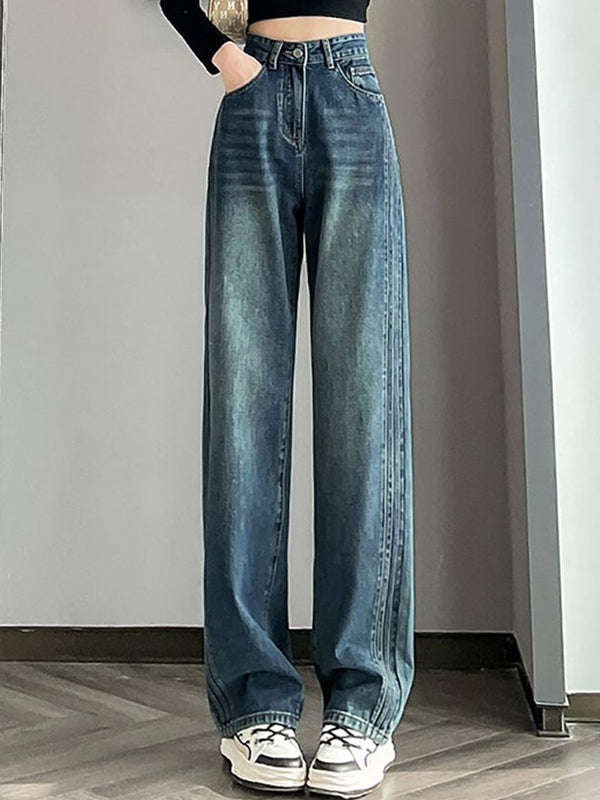 Women Wide Leg Slash Knee Jeans