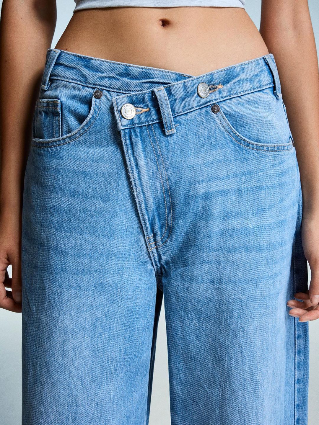 Pure Cotton Wide-Leg Jeans With Crossover Waist