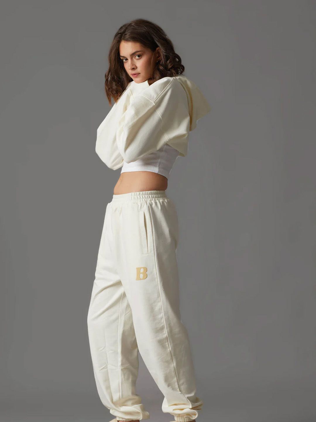 Women Cream Crop Hoodie