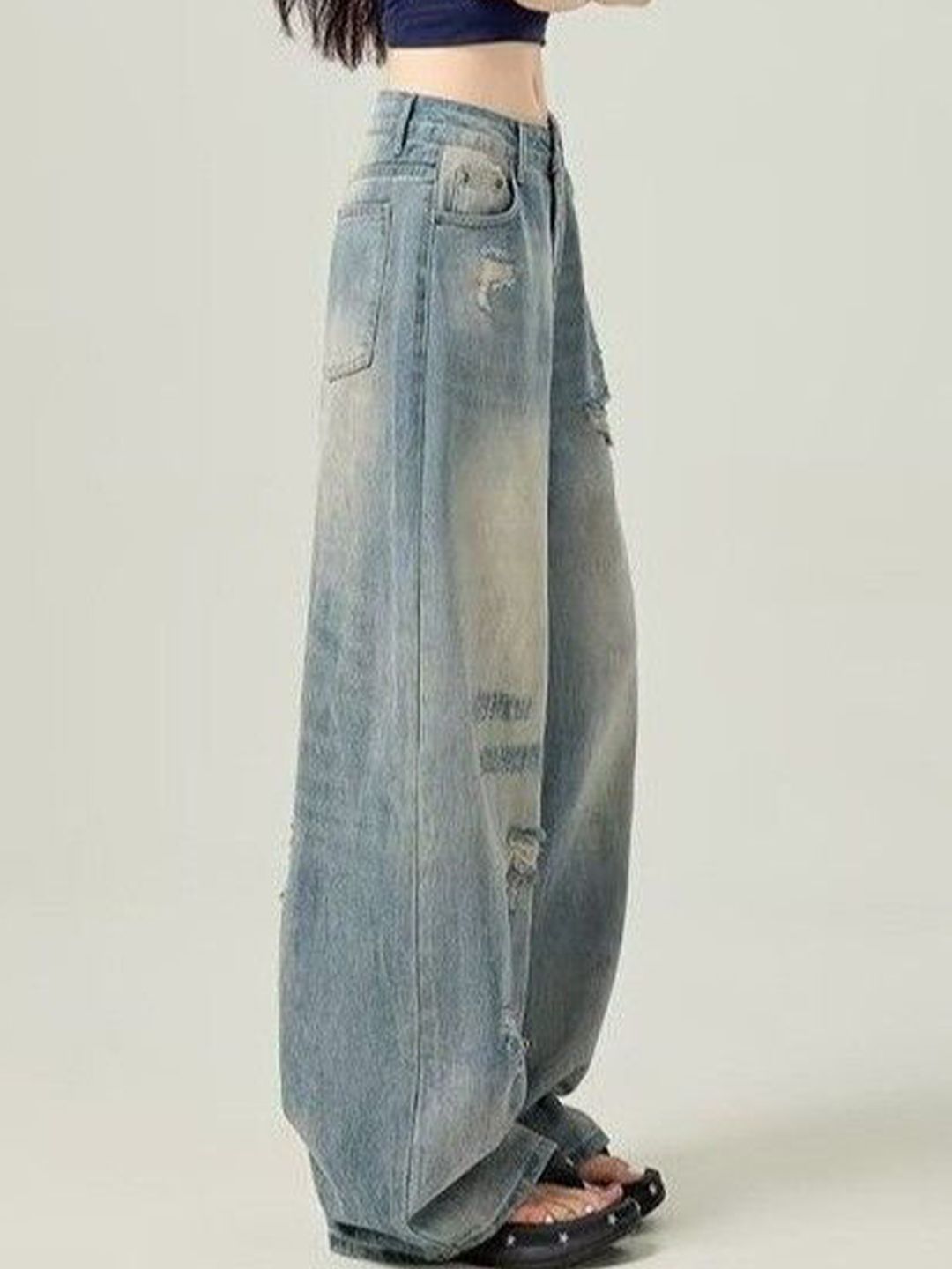 Women Wide Leg Mid-Rise Mildly Distressed Light Fade Jeans