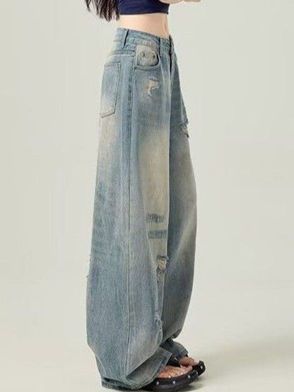 Women Wide Leg Mid-Rise Mildly Distressed Light Fade Jeans